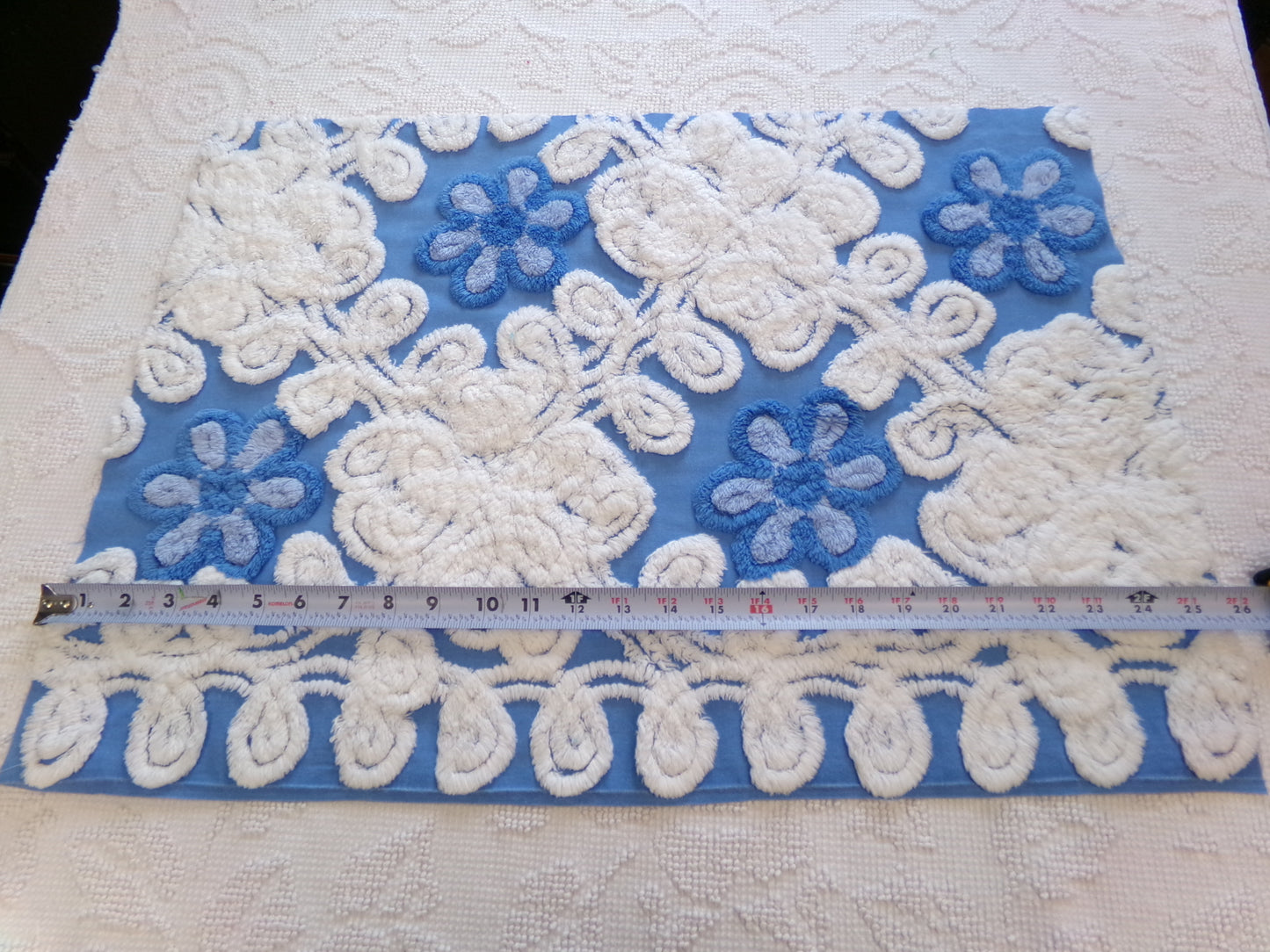 Blueberry Blue Vintage Chenille Bedspread Fabric, Plush Floral, 17" x 24" piece