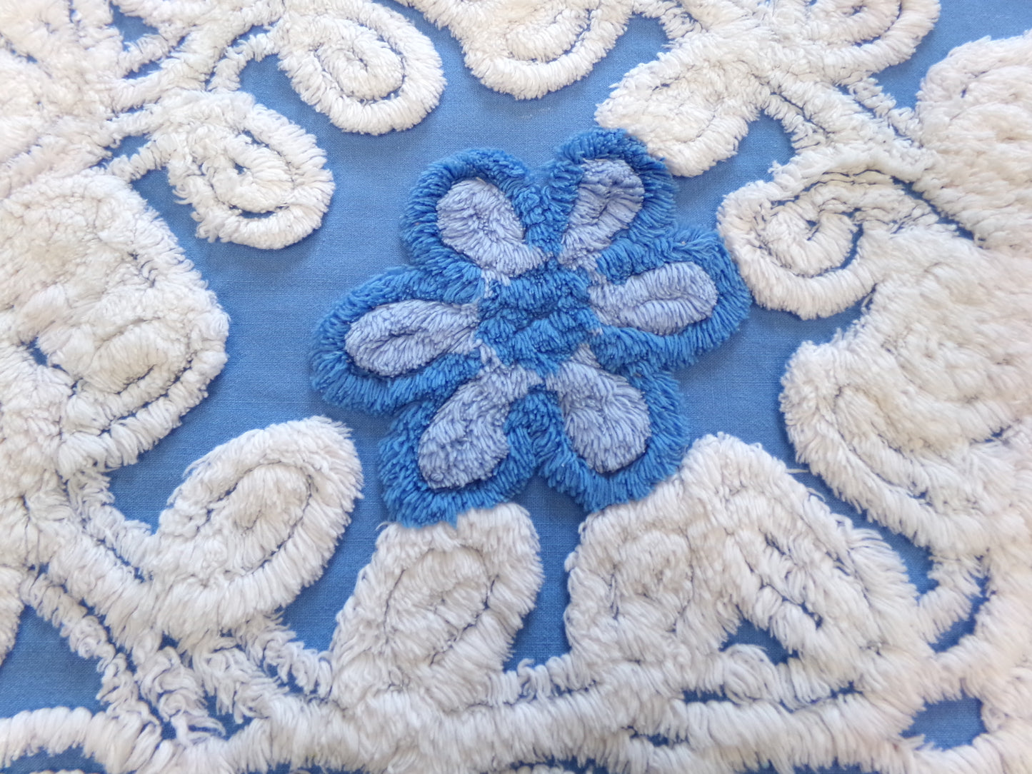 Blueberry Blue Vintage Chenille Bedspread Fabric, Plush Floral, 17" x 24" piece