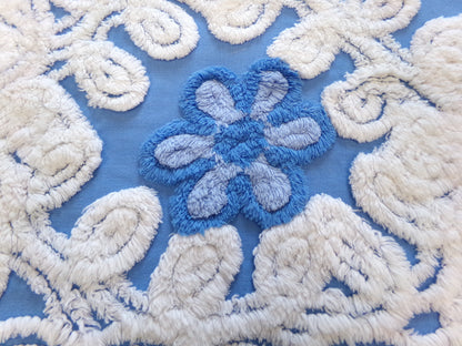 Blueberry Blue Vintage Chenille Bedspread Fabric, Plush Floral, 17" x 24" piece