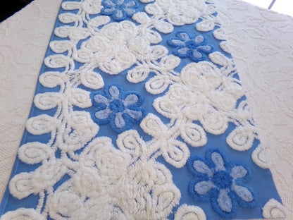 Blueberry Blue Vintage Chenille Bedspread Fabric, Plush Floral, 17" x 24" piece