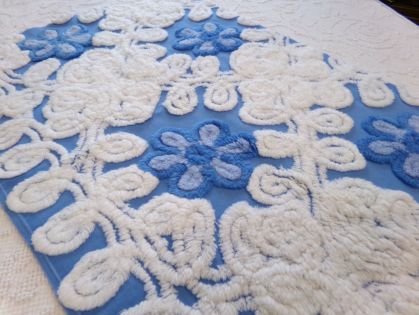 Blueberry Blue Vintage Chenille Bedspread Fabric, Plush Floral, 17" x 24" piece