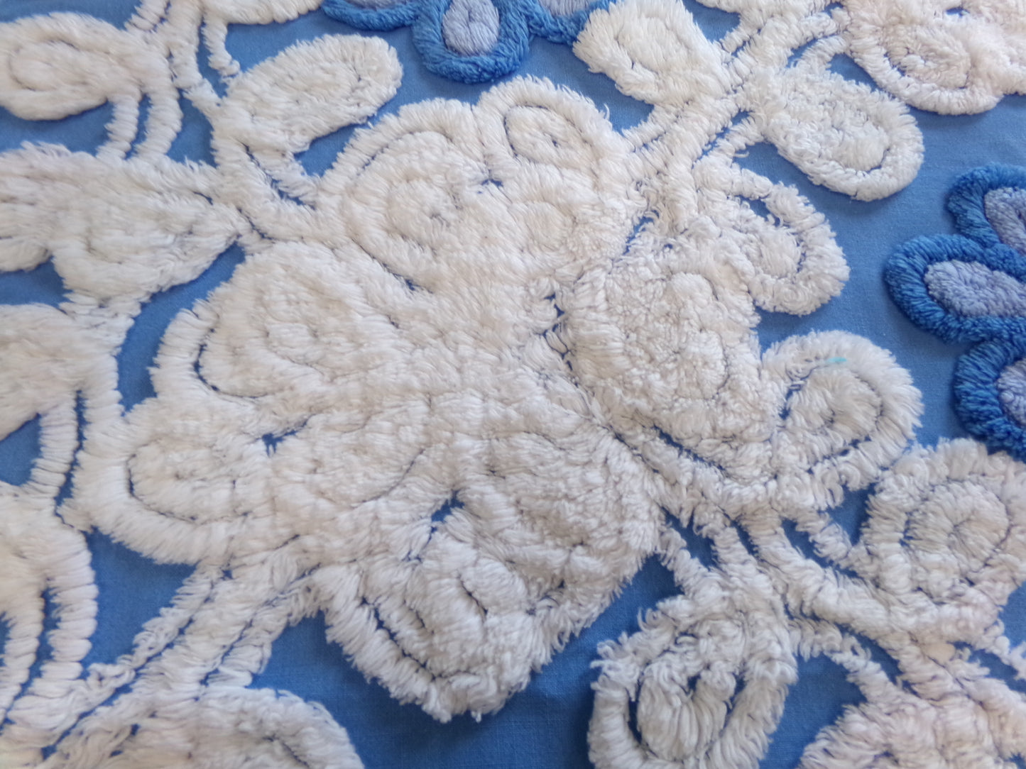 Blueberry Blue Vintage Chenille Bedspread Fabric, Plush Floral, 17" x 24" piece