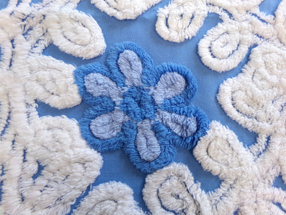Blueberry Blue Vintage Chenille Bedspread Fabric, Plush Floral, 17" x 24" piece
