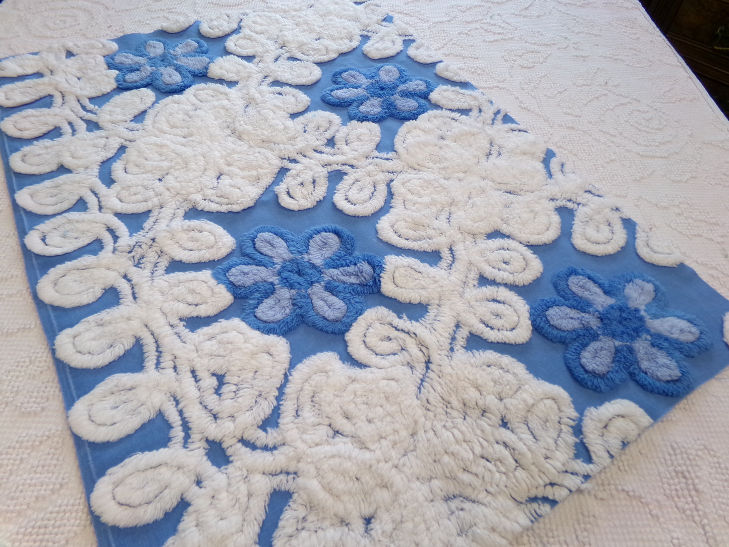Blueberry Blue Vintage Chenille Bedspread Fabric, Plush Floral, 17" x 24" piece