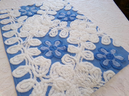 Blueberry Blue Vintage Chenille Bedspread Fabric, Plush Floral, 17" x 24" piece