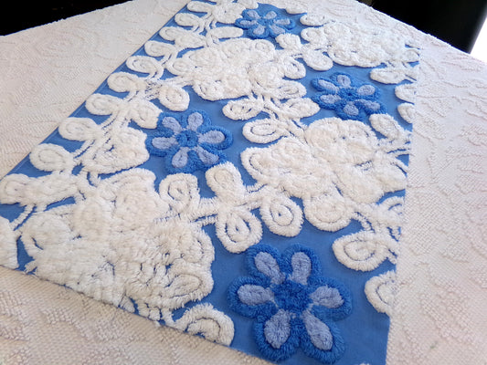 Blueberry Blue Vintage Chenille Bedspread Fabric, Plush Floral, 17" x 24" piece