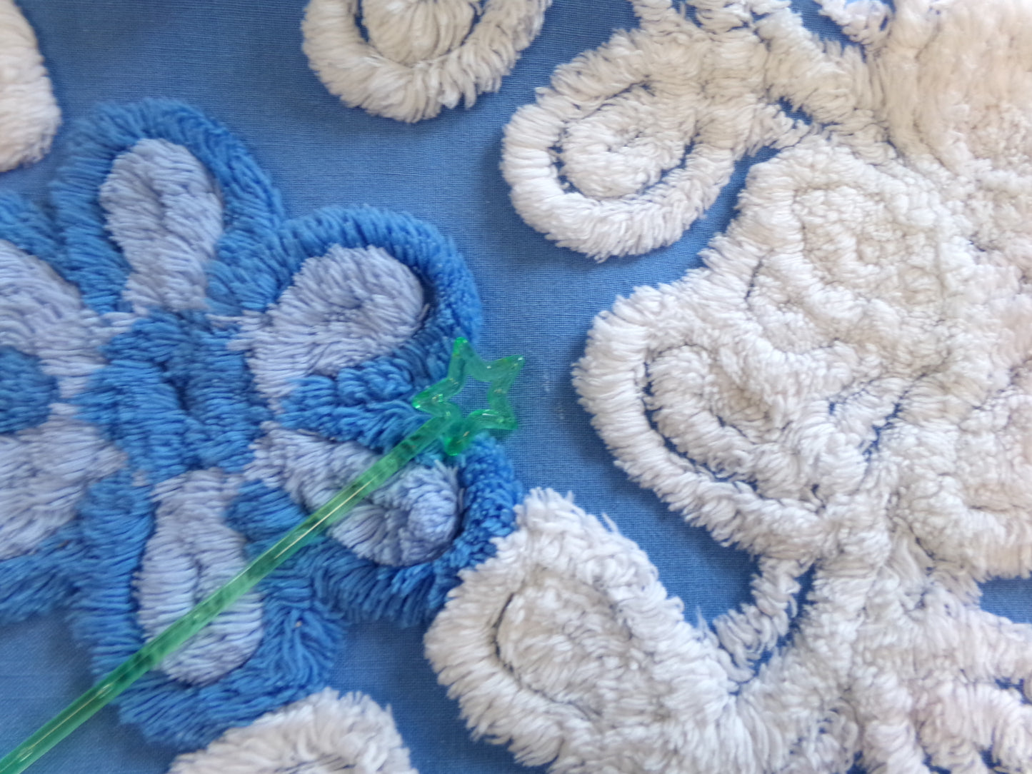 Blueberry Blue Vintage Chenille Bedspread Fabric, Plush Floral, 17" x 24" piece