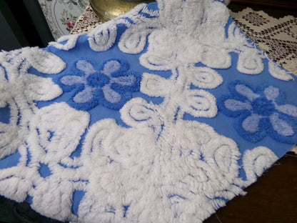 Blueberry Blue Vintage Chenille Bedspread Fabric, Plush Floral, 17" x 24" piece