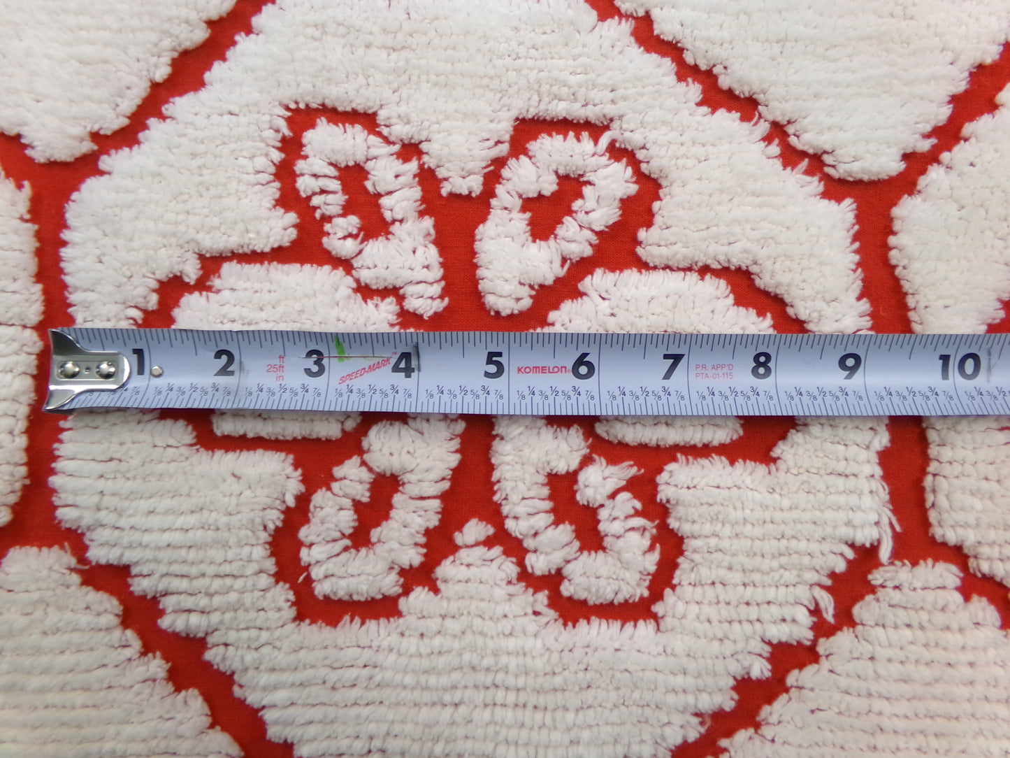 Red Vintage Chenille Fabric, tufted white geometric floral, sewing craft quilt material, 18" x 24" piece