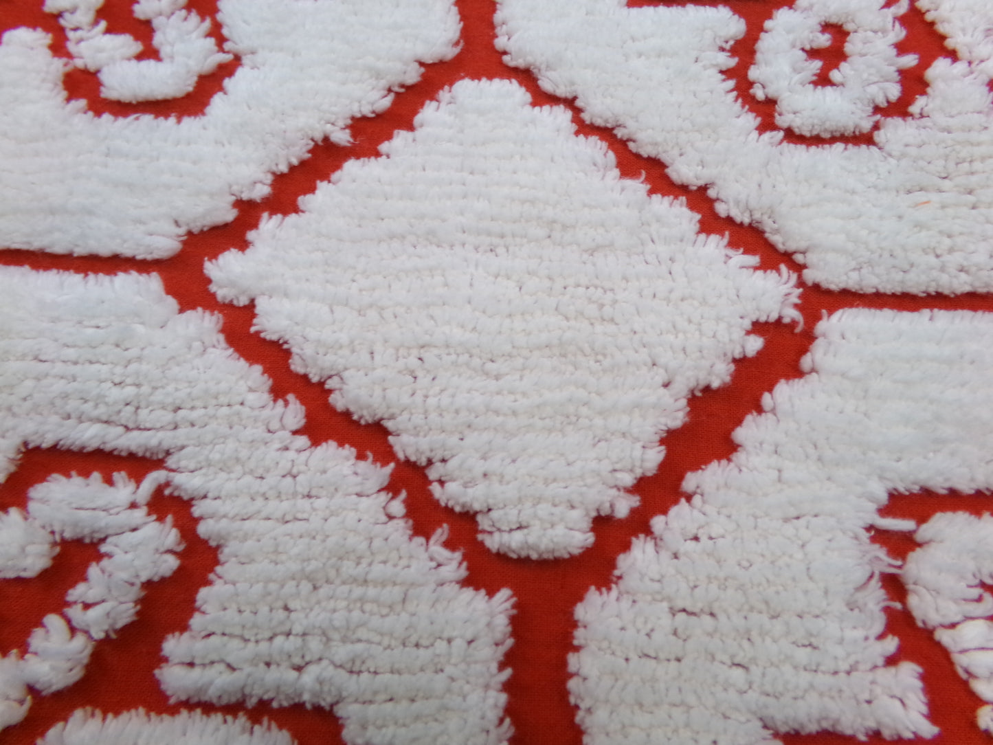 Red Vintage Chenille Fabric, tufted white geometric floral, sewing craft quilt material, 18" x 24" piece