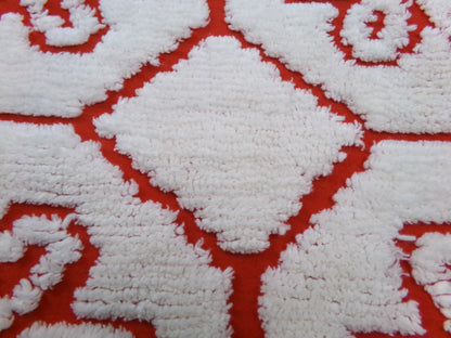 Red Vintage Chenille Fabric, tufted white geometric floral, sewing craft quilt material, 18" x 24" piece