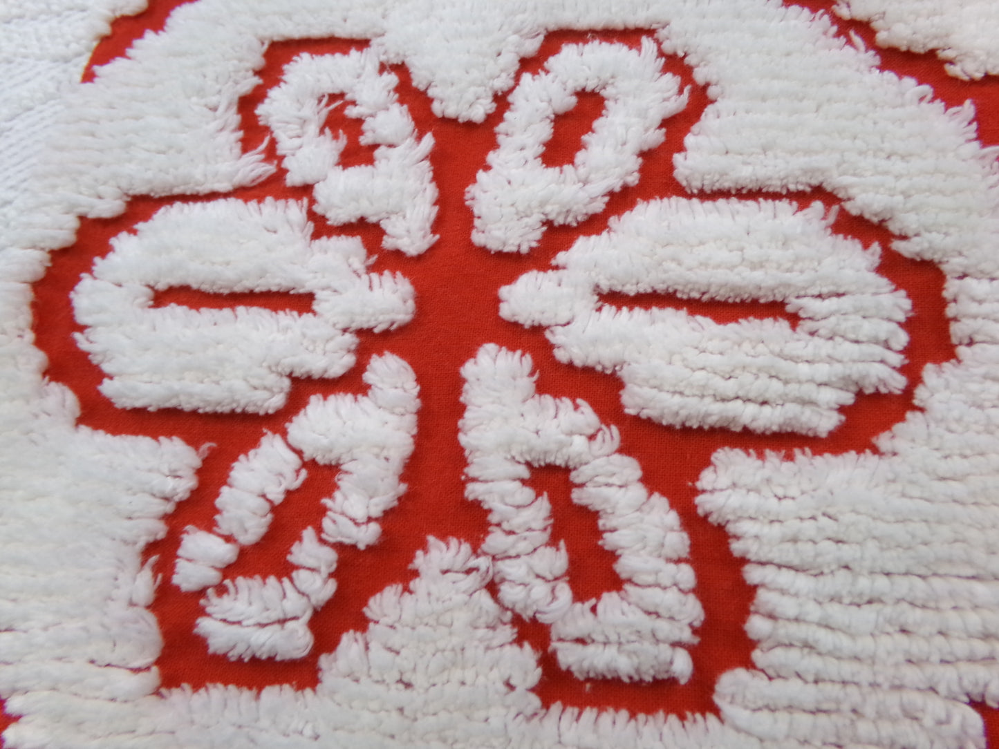Red Vintage Chenille Fabric, tufted white geometric floral, sewing craft quilt material, 18" x 24" piece