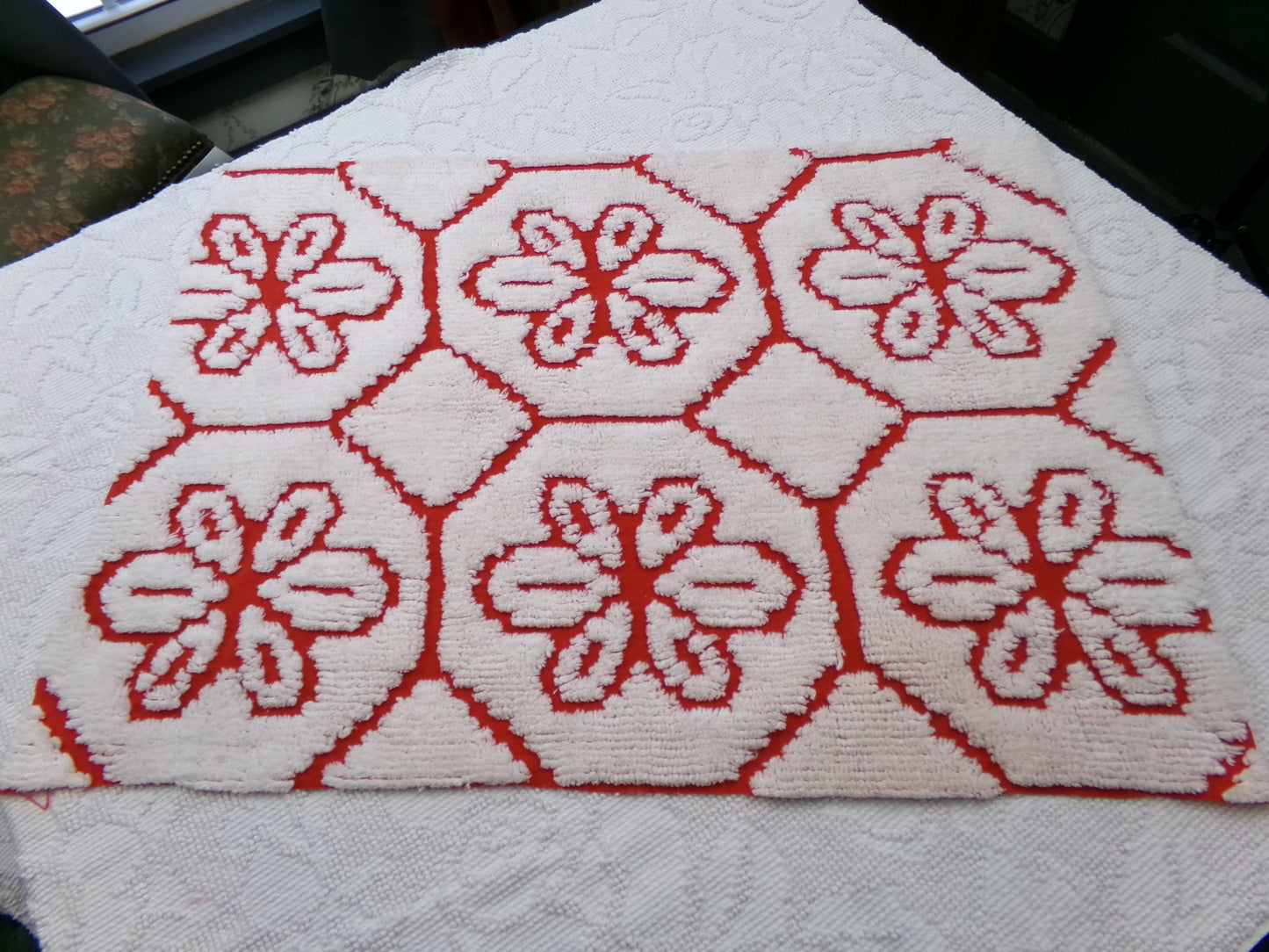 Red Vintage Chenille Fabric, tufted white geometric floral, sewing craft quilt material, 18" x 24" piece