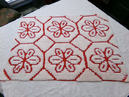 Red Vintage Chenille Fabric, tufted white geometric floral, sewing craft quilt material, 18" x 24" piece