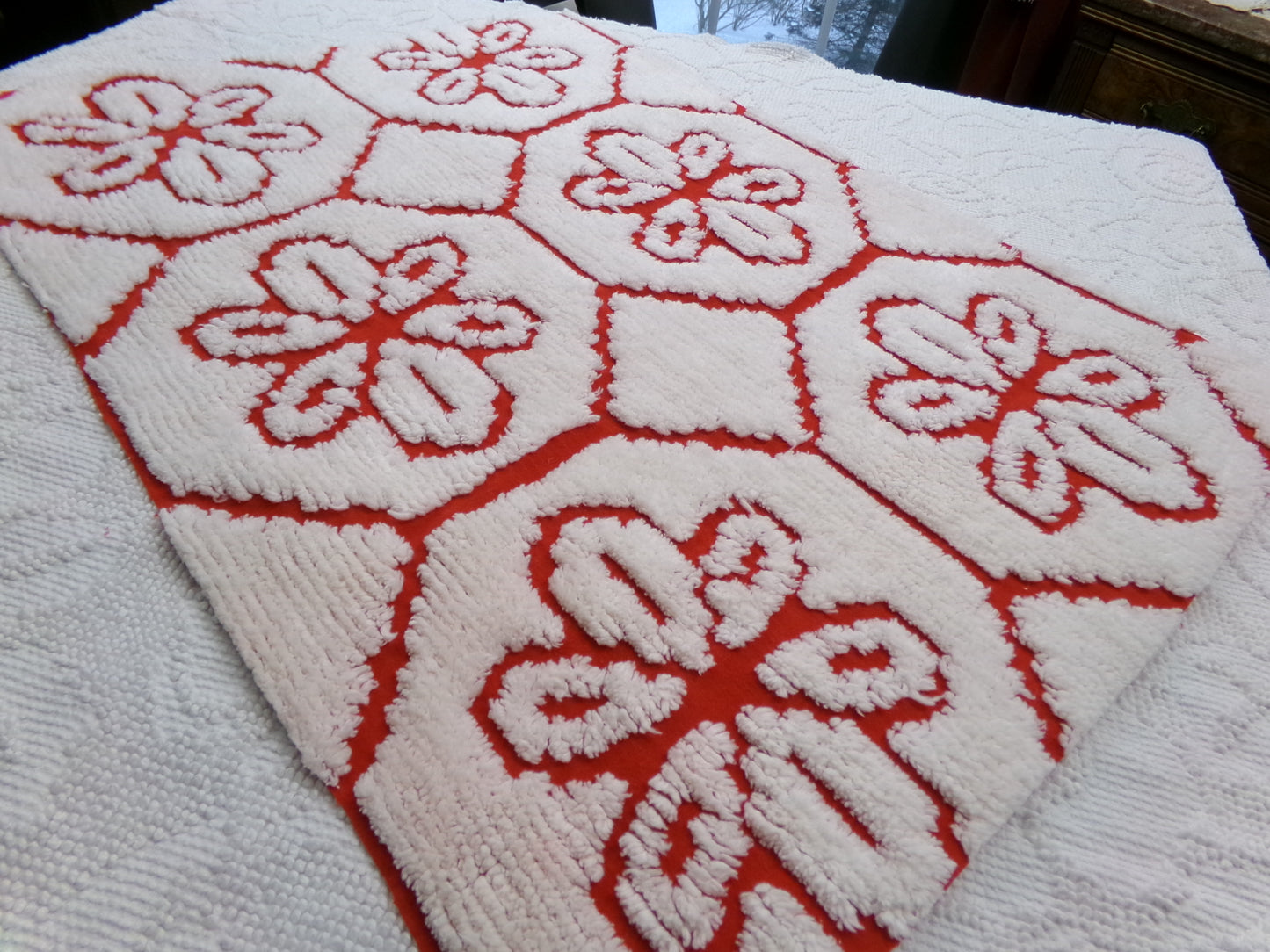 Red Vintage Chenille Fabric, tufted white geometric floral, sewing craft quilt material, 18" x 24" piece
