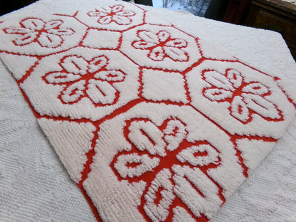 Red Vintage Chenille Fabric, tufted white geometric floral, sewing craft quilt material, 18" x 24" piece