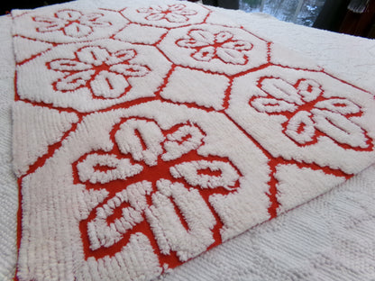 Red Vintage Chenille Fabric, tufted white geometric floral, sewing craft quilt material, 18" x 24" piece
