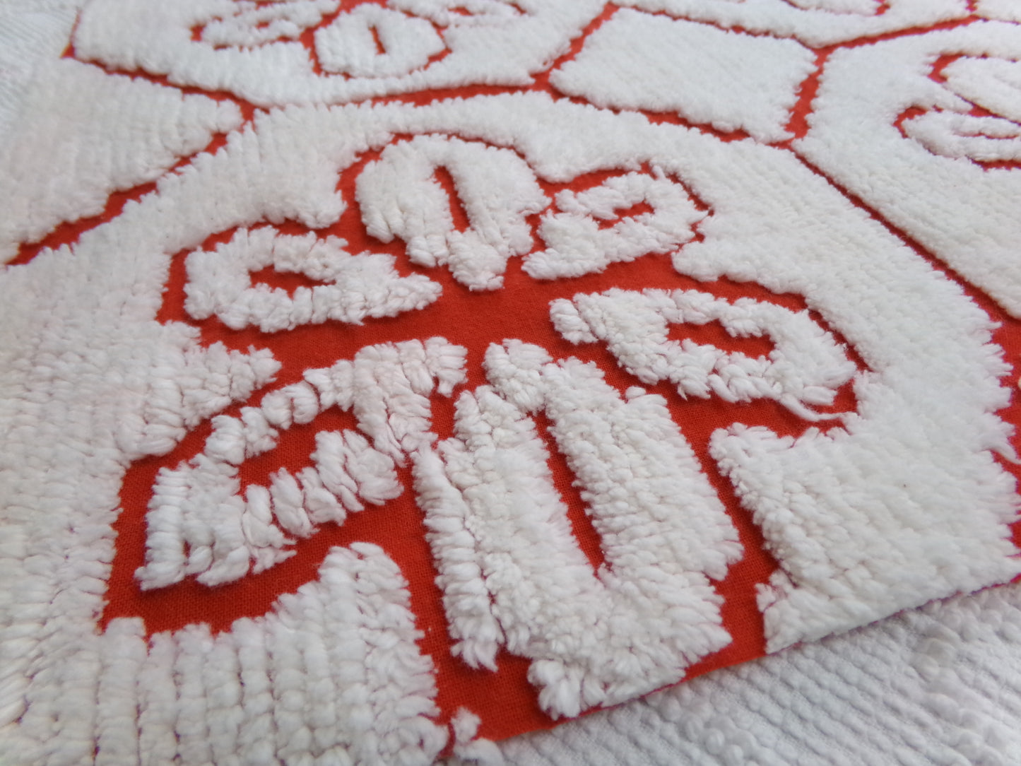 Red Vintage Chenille Fabric, tufted white geometric floral, sewing craft quilt material, 18" x 24" piece