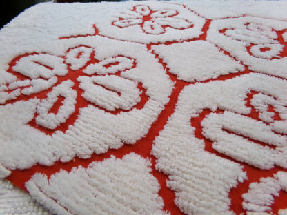 Red Vintage Chenille Fabric, tufted white geometric floral, sewing craft quilt material, 18" x 24" piece