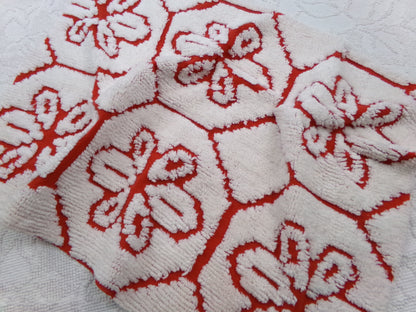 Red Vintage Chenille Fabric, tufted white geometric floral, sewing craft quilt material, 18" x 24" piece