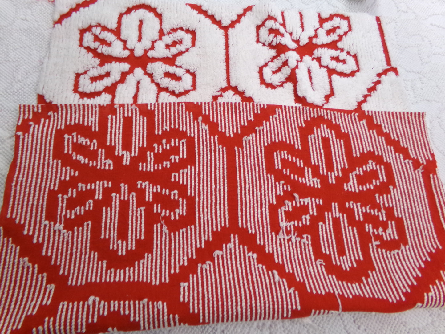 Red Vintage Chenille Fabric, tufted white geometric floral, sewing craft quilt material, 18" x 24" piece