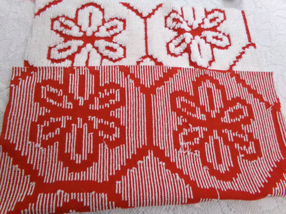 Red Vintage Chenille Fabric, tufted white geometric floral, sewing craft quilt material, 18" x 24" piece