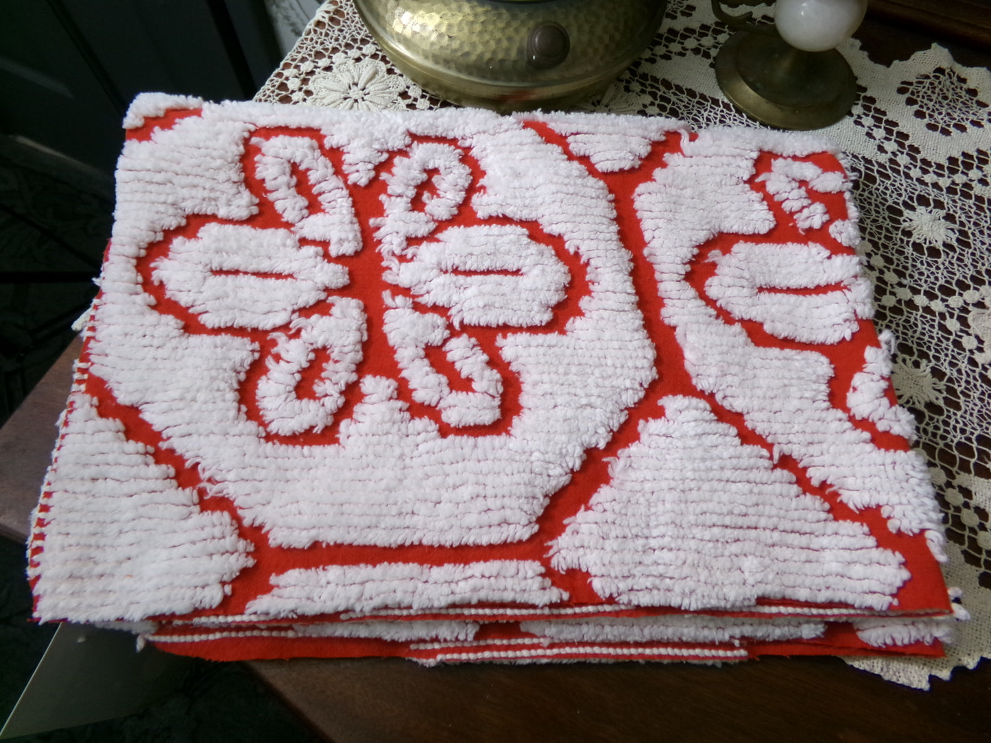 Red Vintage Chenille Fabric, tufted white geometric floral, sewing craft quilt material, 18" x 24" piece