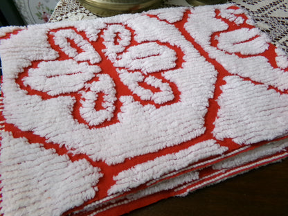 Red Vintage Chenille Fabric, tufted white geometric floral, sewing craft quilt material, 18" x 24" piece