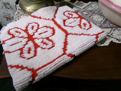 Red Vintage Chenille Fabric, tufted white geometric floral, sewing craft quilt material, 18" x 24" piece