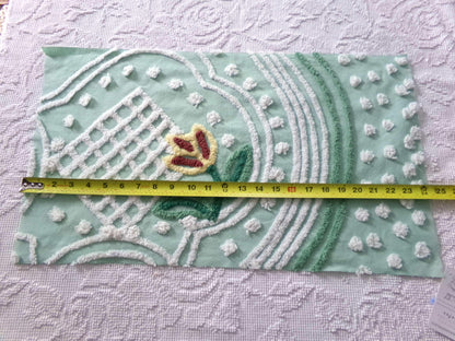 springtime tulip vintage chenille fabric, mint green floral cotton sewing material, 13" x 23" inch piece