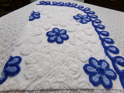 Vintage Chenille Fabric Piece, Blue White Floral Coastal Chic Quilting Material 14x25"