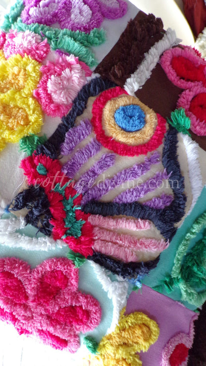 PATCHWORK Rainbow Butterfly Chenille Pillow Cover 16" x 16" Square, REVERSIBLE Accent Pillow Designed from Vintage Chenille Bedspread Fabric