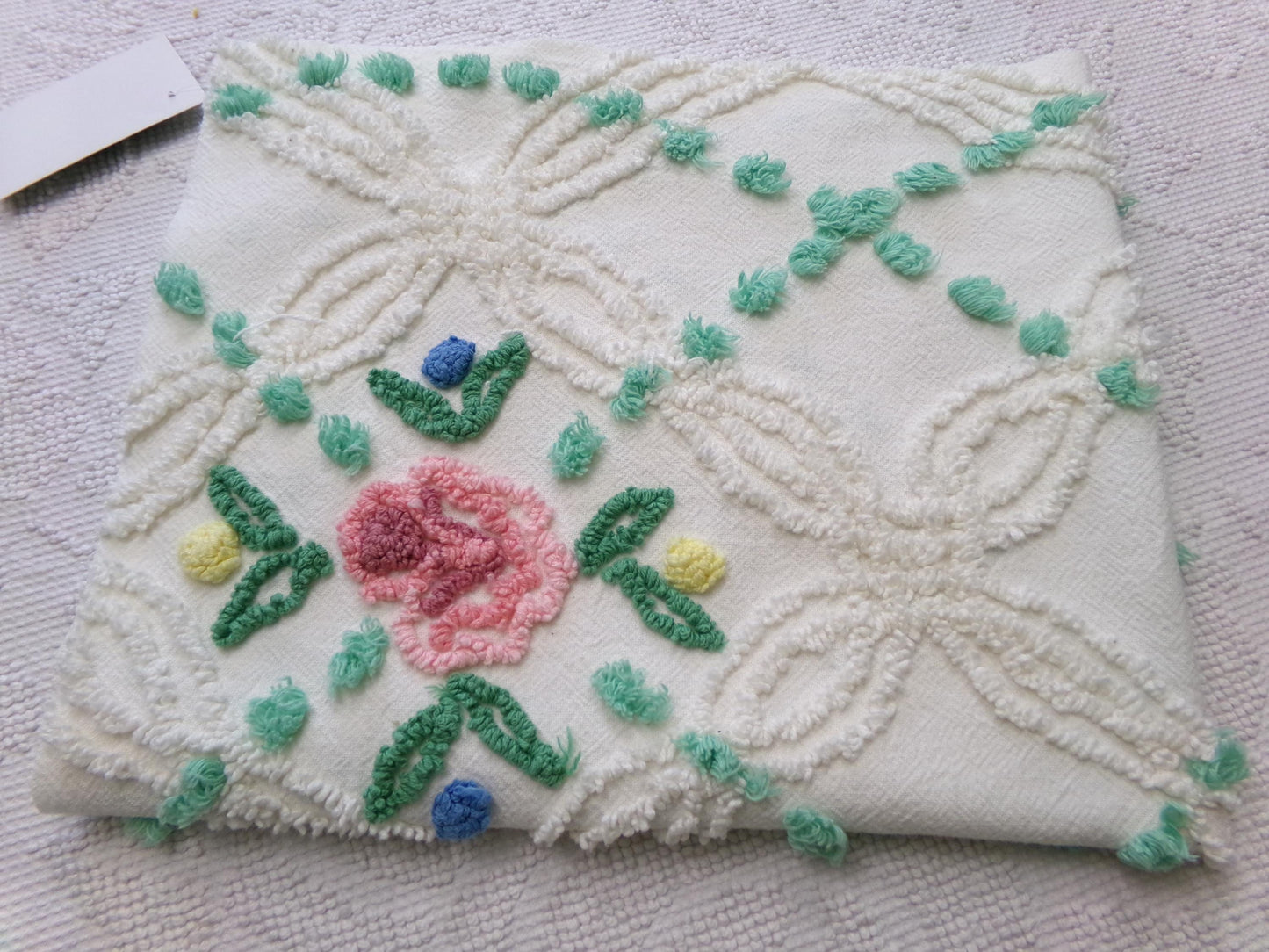 vintage chenille bedspread fabric cottage style pink rose jade green pops 26x22"