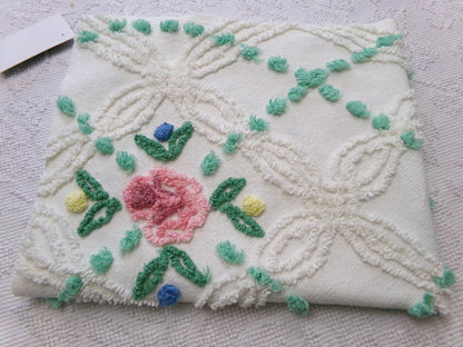 vintage chenille bedspread fabric cottage style pink rose jade green pops 26x22"