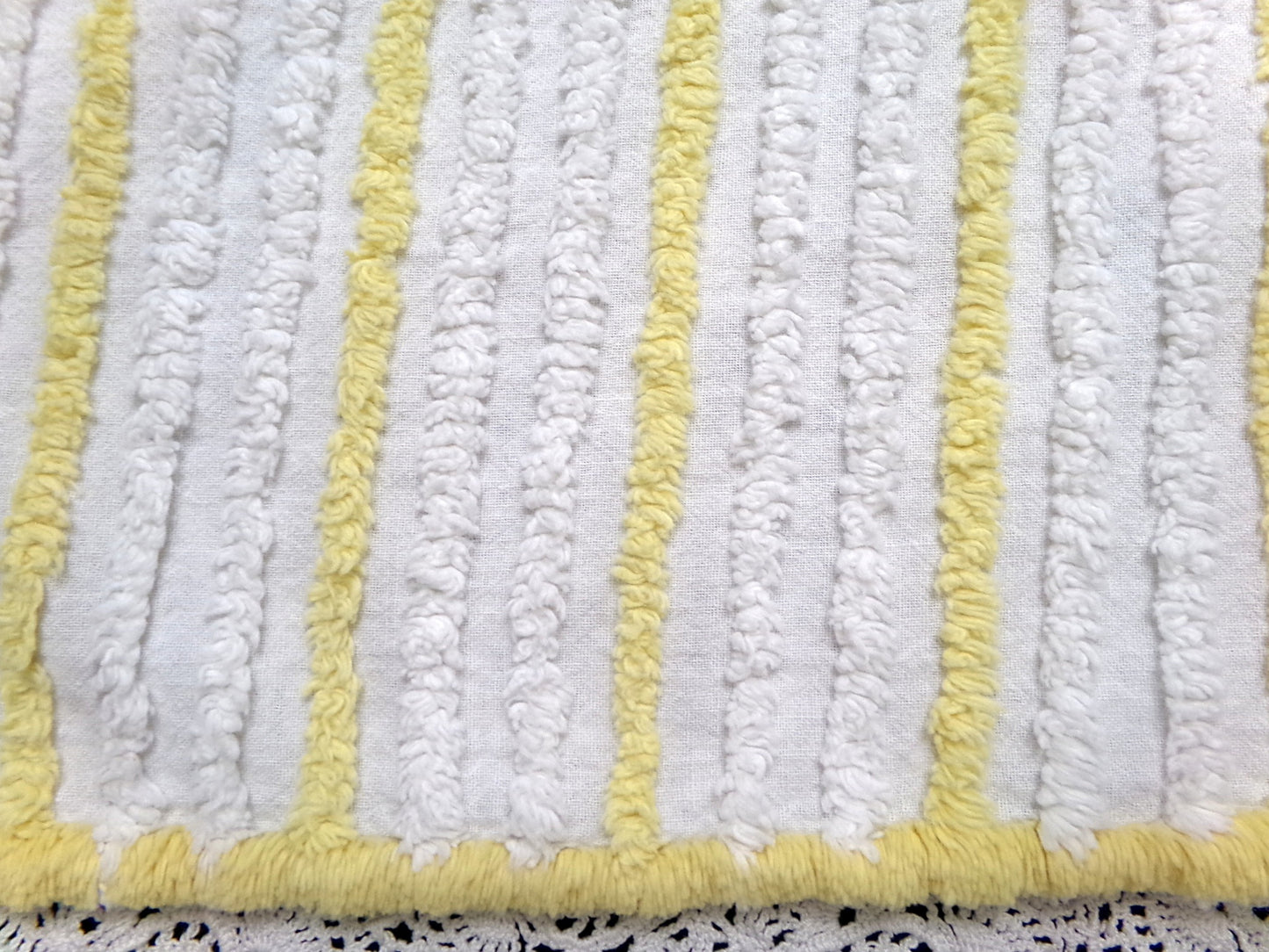Yellow White Stripe Vintage Chenille Bedspread Fabric quilt material 18" x 24"