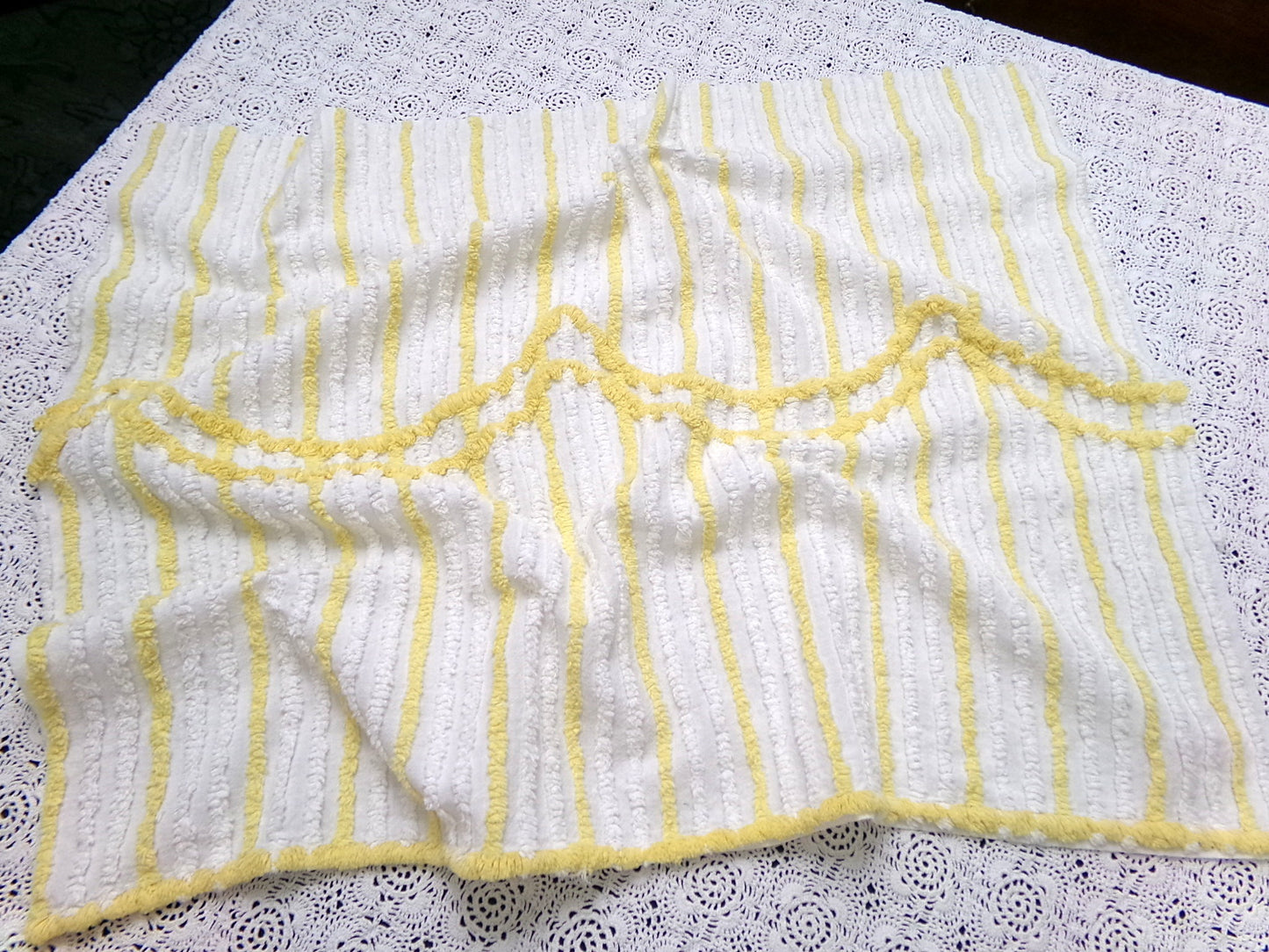 Yellow White Stripe Vintage Chenille Bedspread Fabric quilt material 18" x 24"