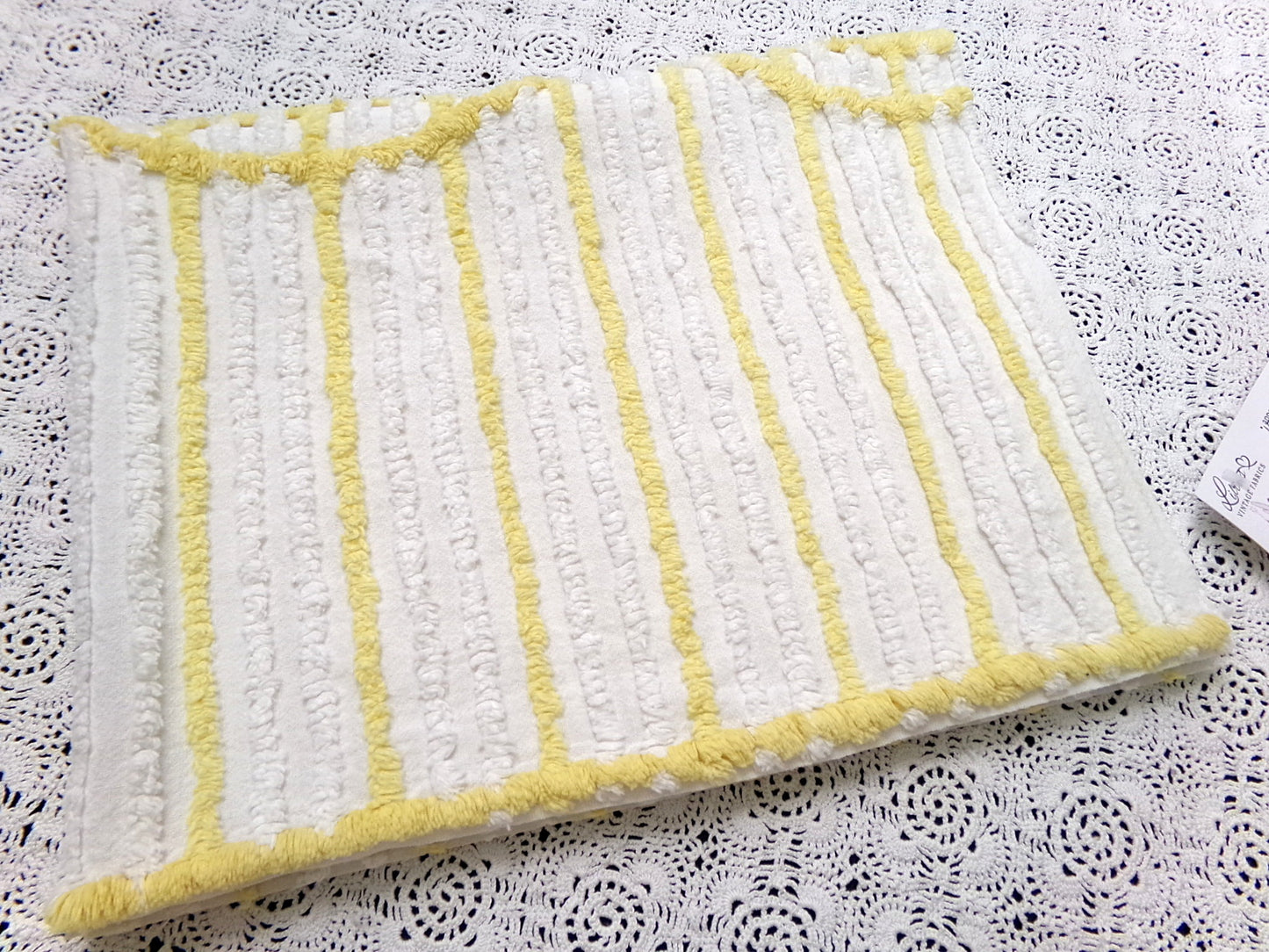 Yellow White Stripe Vintage Chenille Bedspread Fabric quilt material 18" x 24"