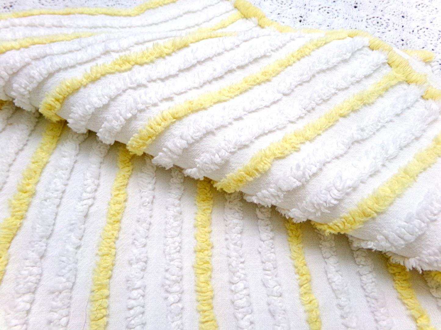 Yellow White Stripe Vintage Chenille Bedspread Fabric quilt material 18" x 24"