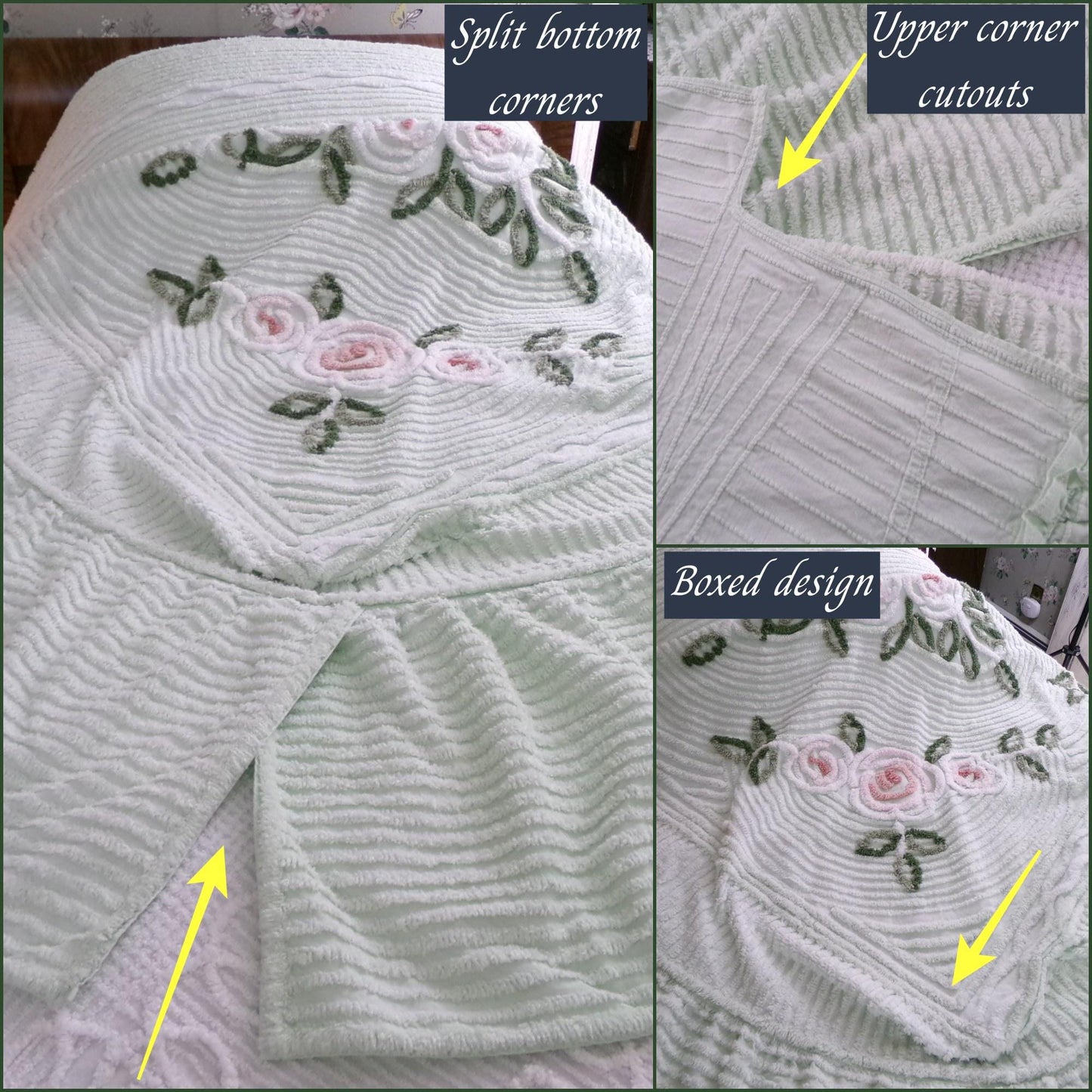 Luxury Vintage Chenille Bedspread, Tufted Cottage Roses on Mint Green, Full Size Boxed & Fitted Design with Integrated Skirt