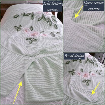 Luxury Vintage Chenille Bedspread, Tufted Cottage Roses on Mint Green, Full Size Boxed & Fitted Design with Integrated Skirt
