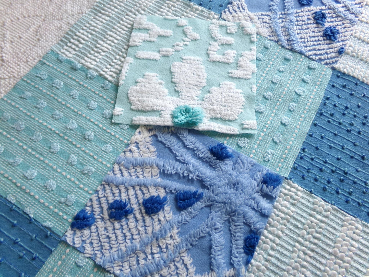 coastal fresh vintage chenille fabric squares, set of 17 blue & aqua 6" quilt blocks for sewing