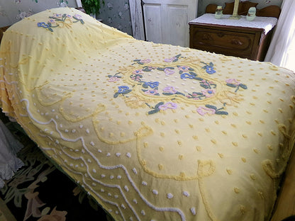 Sunny Floral Vintage Chenille Bedspread, Cotton Summer Coverlet, Twin Sz Bedding