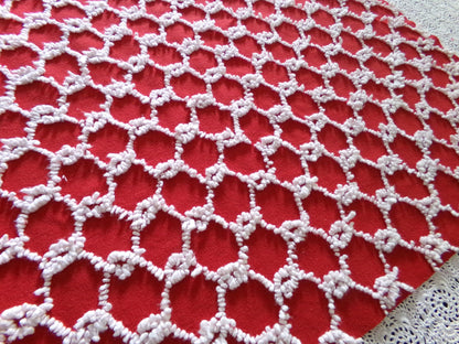 Red & White Vintage Chenille Bedspread Fabric, 17.5x23" Chain Link Design