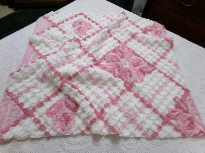 pink & white vintage chenille fabric, geometric rose floral design, 23" x 26" piece sewing material
