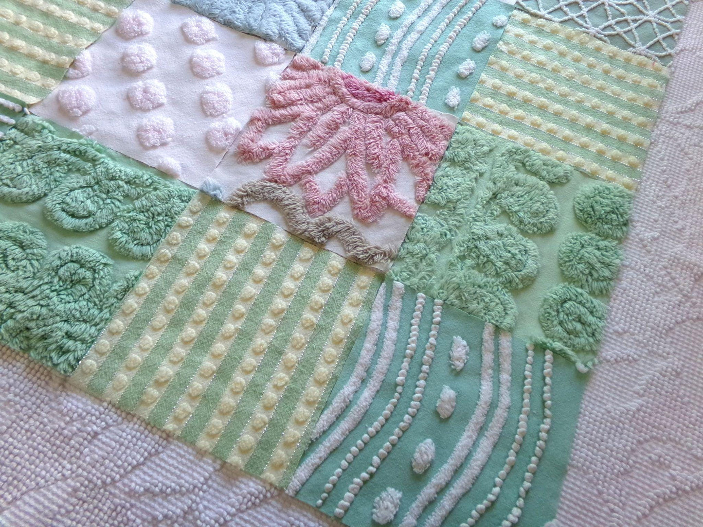 vintage 6" chenille fabric squares, garden path greens, set of 16 lovely craft blocks rotary cut from vintage chenille bedspreads