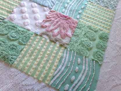 vintage 6" chenille fabric squares, garden path greens, set of 16 lovely craft blocks rotary cut from vintage chenille bedspreads