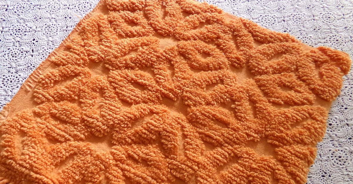 Orange Daisy Vintage Chenille Fabric 17x24" Pc, 1970s Flower Power Boho Style