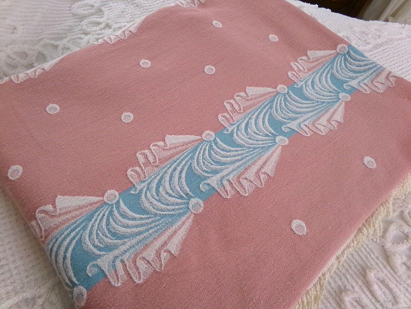 old hollywood regency style vintage woven bedspread, pink fieldcrest twin coverlet