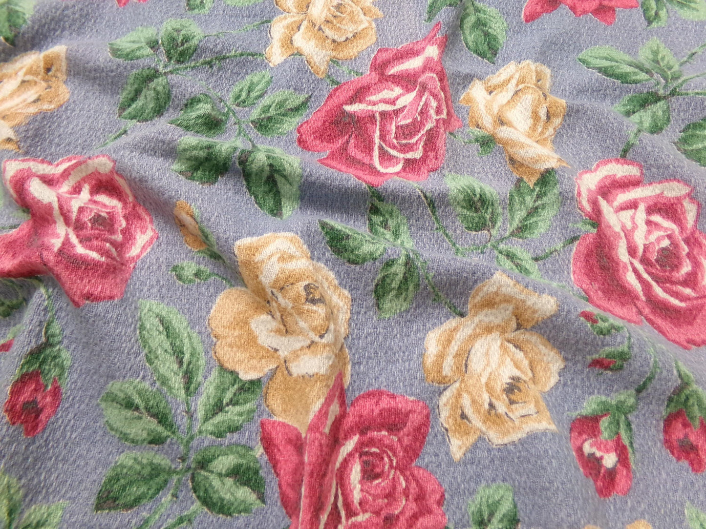 Vintage Rose Barkcloth Fabric, Pink Gold Blooms Blue Background 16" x 27"
