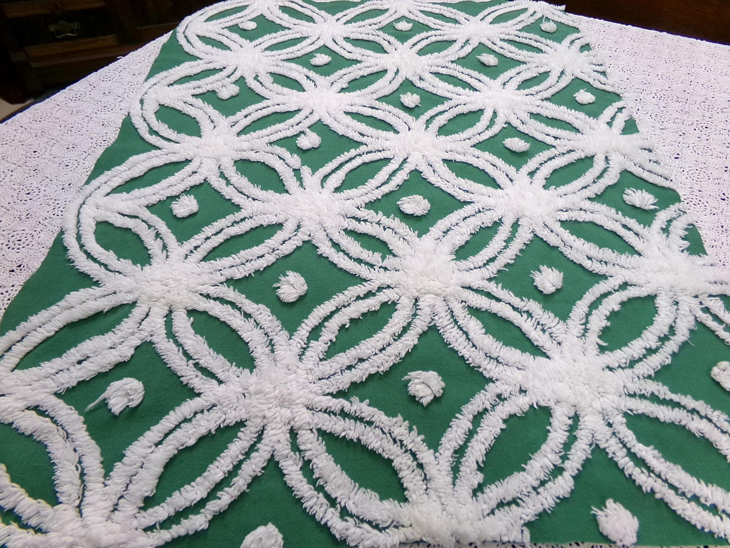 Evergreen Vintage Chenille Fabric, White Wedding Rings & Dots, 20x27" Piece
